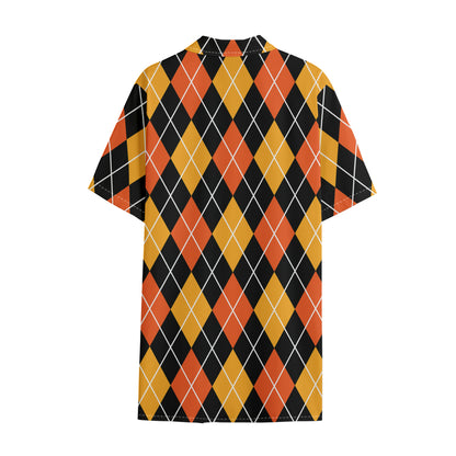 Halloween Black And Orange Argyle Print Cotton Hawaiian Shirt
