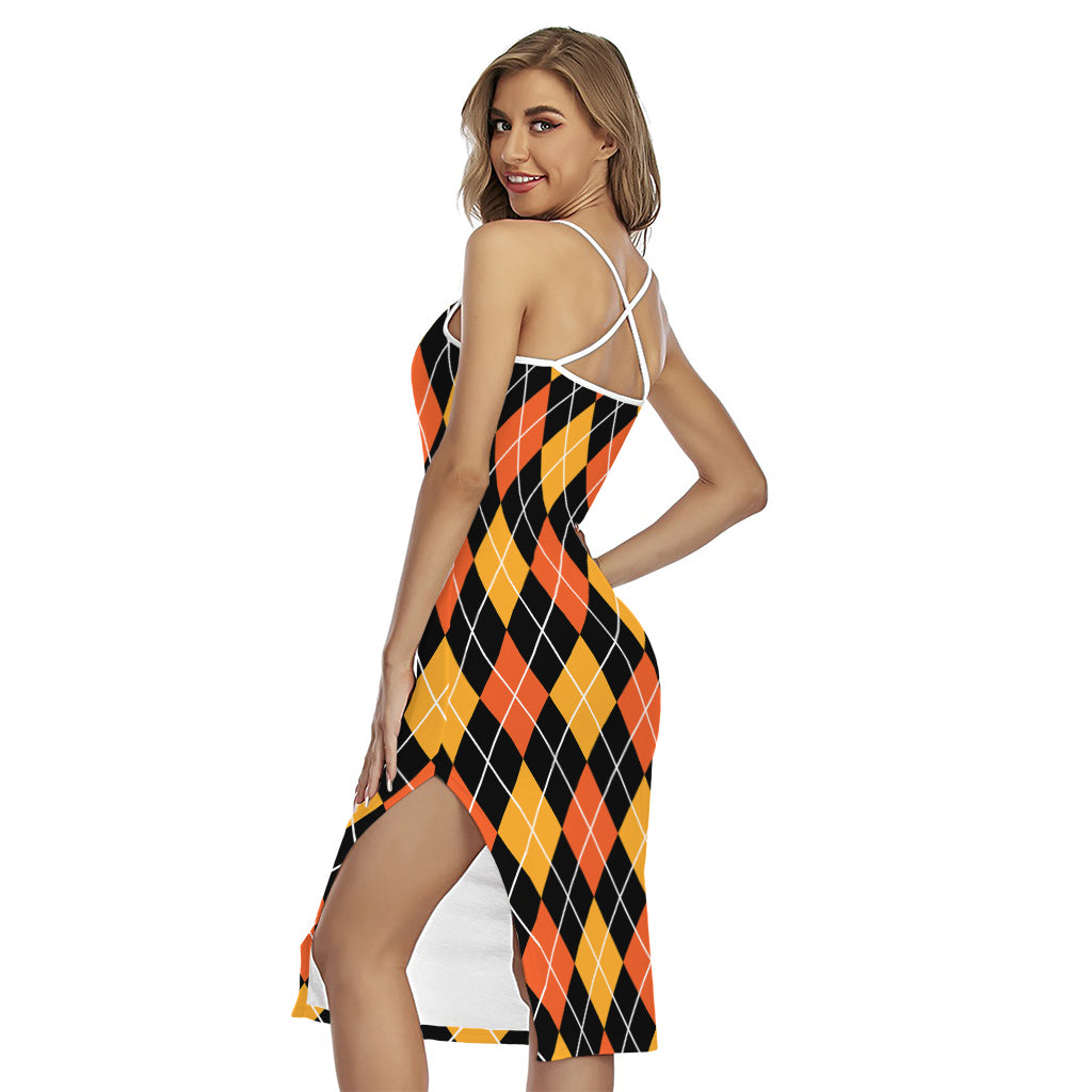 Halloween Black And Orange Argyle Print Cross Back Cami Dress