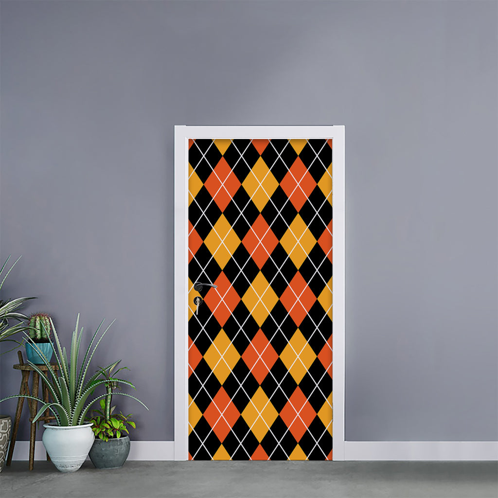 Halloween Black And Orange Argyle Print Door Sticker