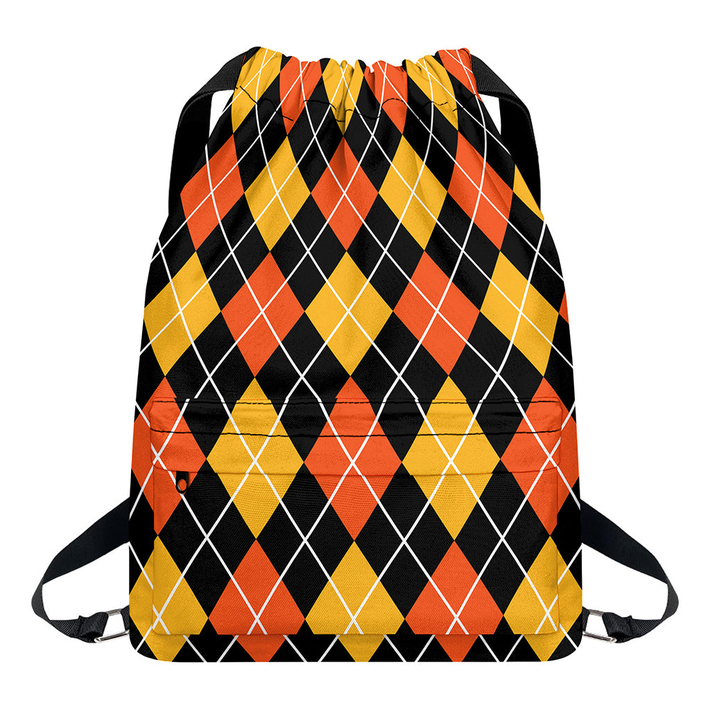 Halloween Black And Orange Argyle Print Drawstring Backpack