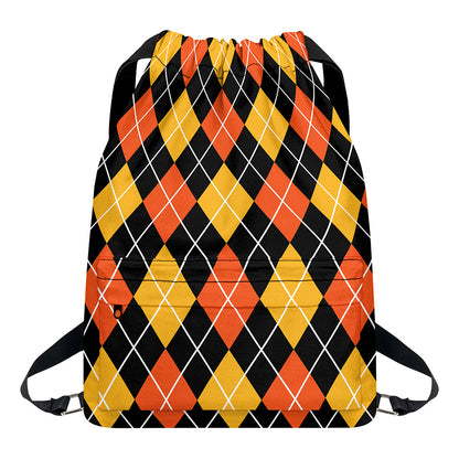 Halloween Black And Orange Argyle Print Drawstring Backpack