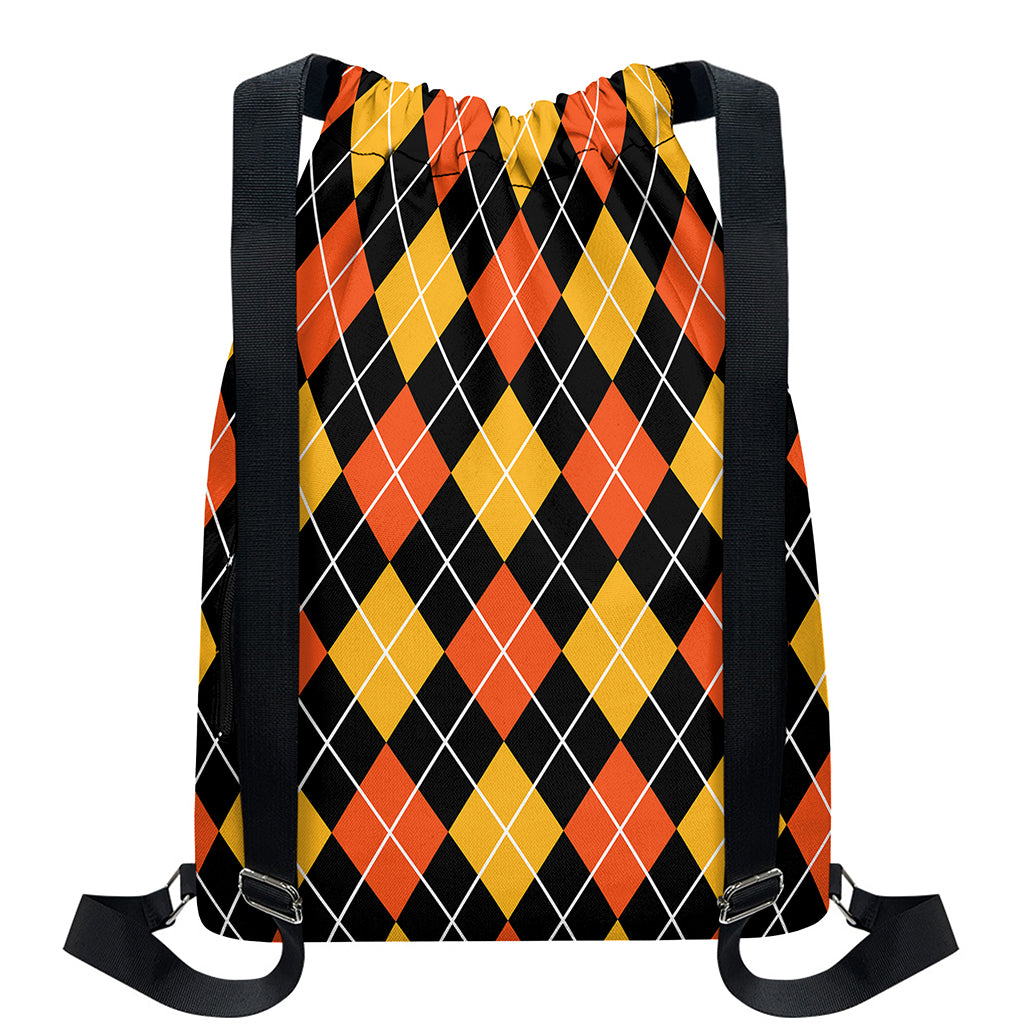 Halloween Black And Orange Argyle Print Drawstring Backpack