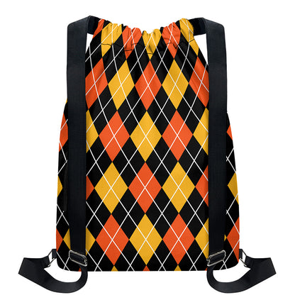 Halloween Black And Orange Argyle Print Drawstring Backpack