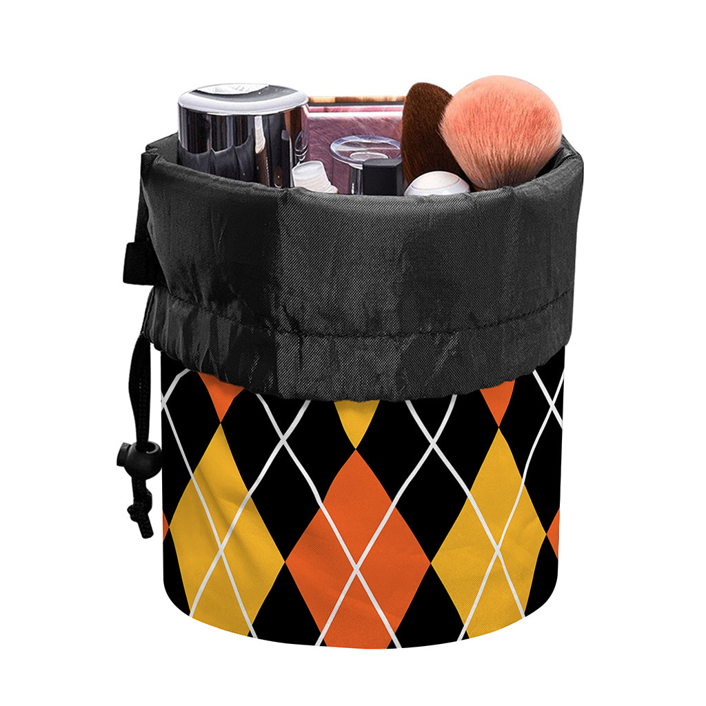 Halloween Black And Orange Argyle Print Drawstring Makeup Bag