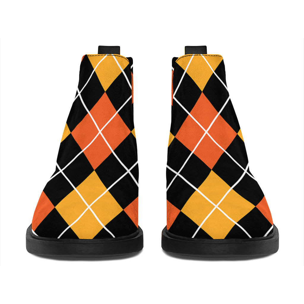 Halloween Black And Orange Argyle Print Flat Ankle Boots