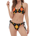 Halloween Black And Orange Argyle Print Halter Scoop Tie Side Bikini