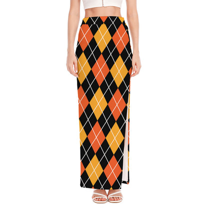 Halloween Black And Orange Argyle Print High Slit Maxi Skirt