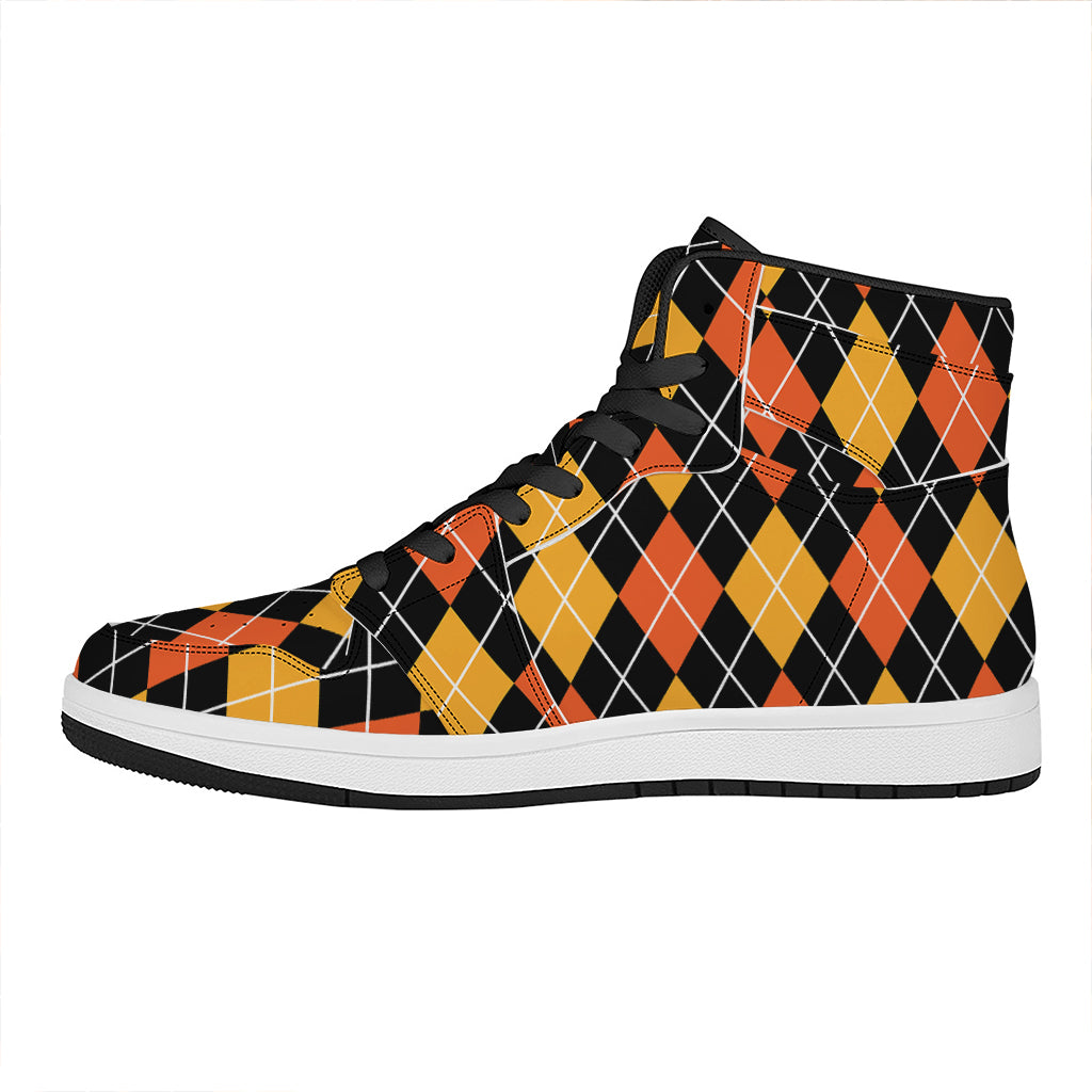 Halloween Black And Orange Argyle Print High Top Leather Sneakers