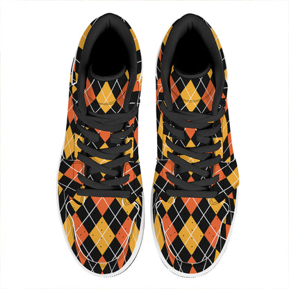 Halloween Black And Orange Argyle Print High Top Leather Sneakers