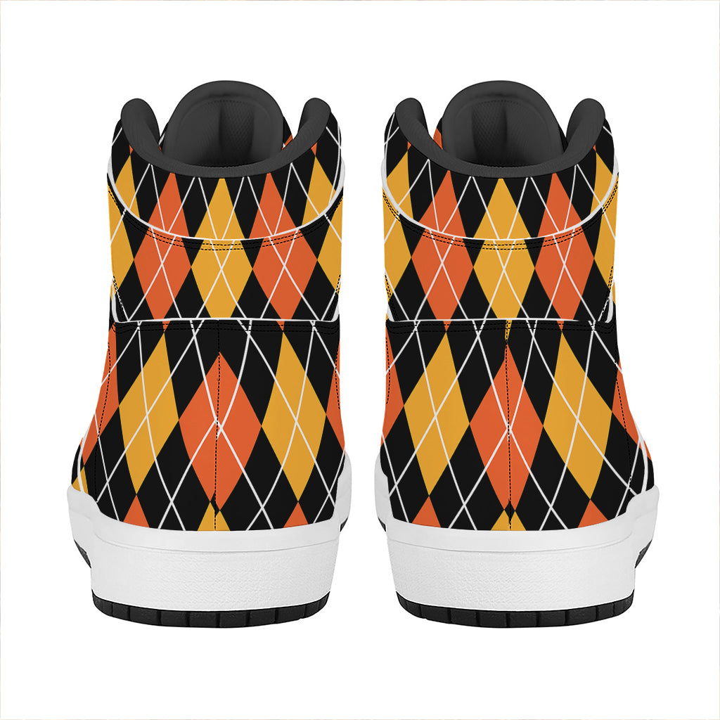 Halloween Black And Orange Argyle Print High Top Leather Sneakers