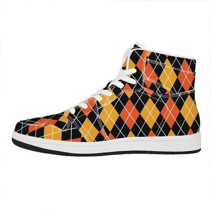 Halloween Black And Orange Argyle Print High Top Leather Sneakers