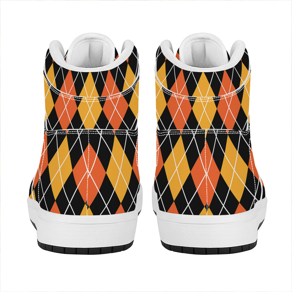 Halloween Black And Orange Argyle Print High Top Leather Sneakers