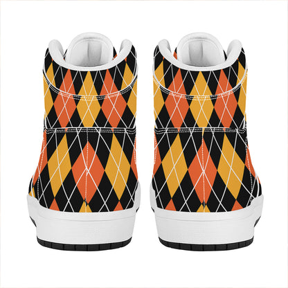 Halloween Black And Orange Argyle Print High Top Leather Sneakers