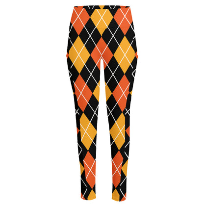 Halloween Black And Orange Argyle Print High-Waisted Pocket Leggings