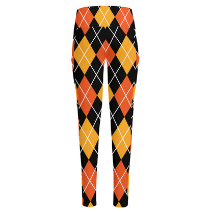 Halloween Black And Orange Argyle Print High-Waisted Pocket Leggings