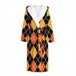 Halloween Black And Orange Argyle Print Hooded Bathrobe
