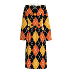Halloween Black And Orange Argyle Print Hooded Bathrobe