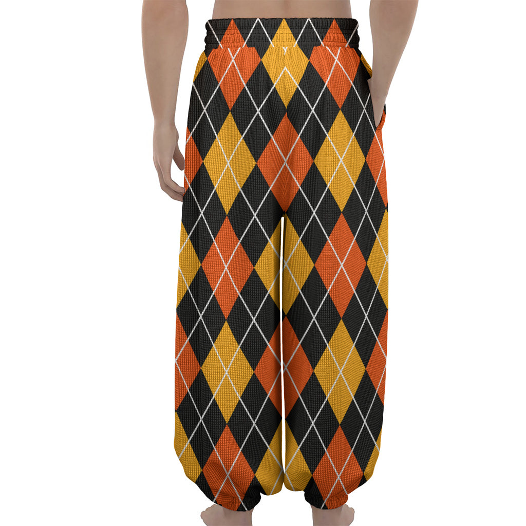 Halloween Black And Orange Argyle Print Lantern Pants