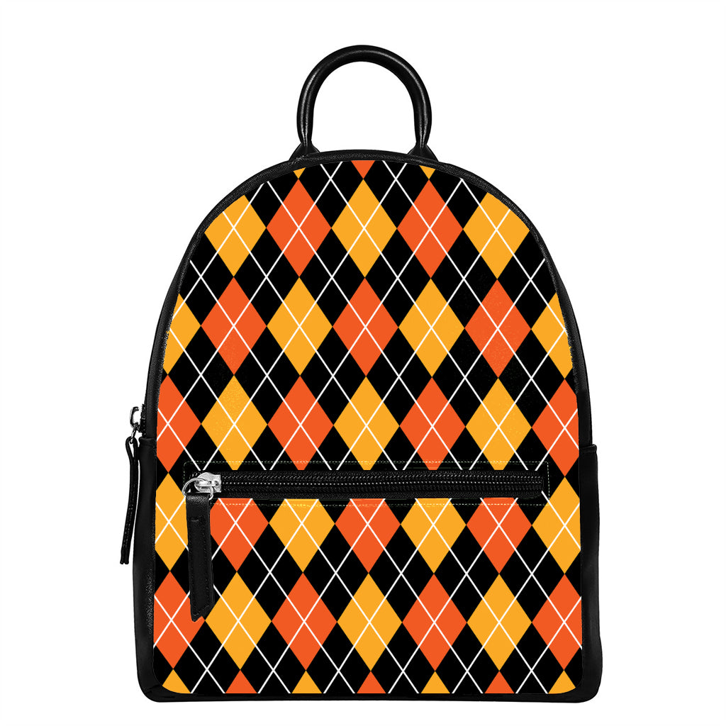Halloween Black And Orange Argyle Print Leather Backpack