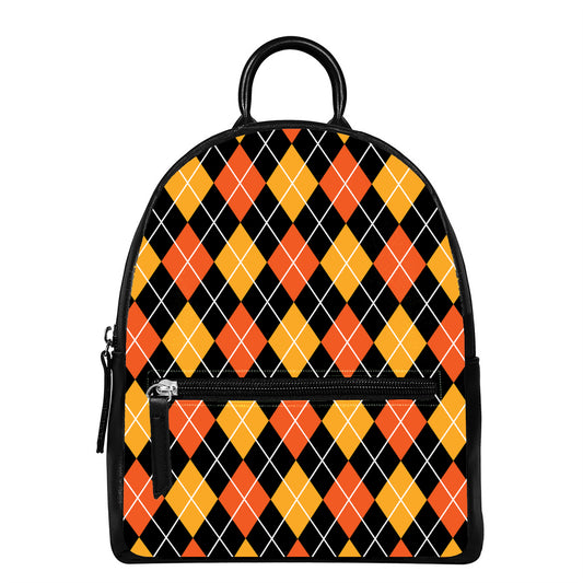 Halloween Black And Orange Argyle Print Leather Backpack