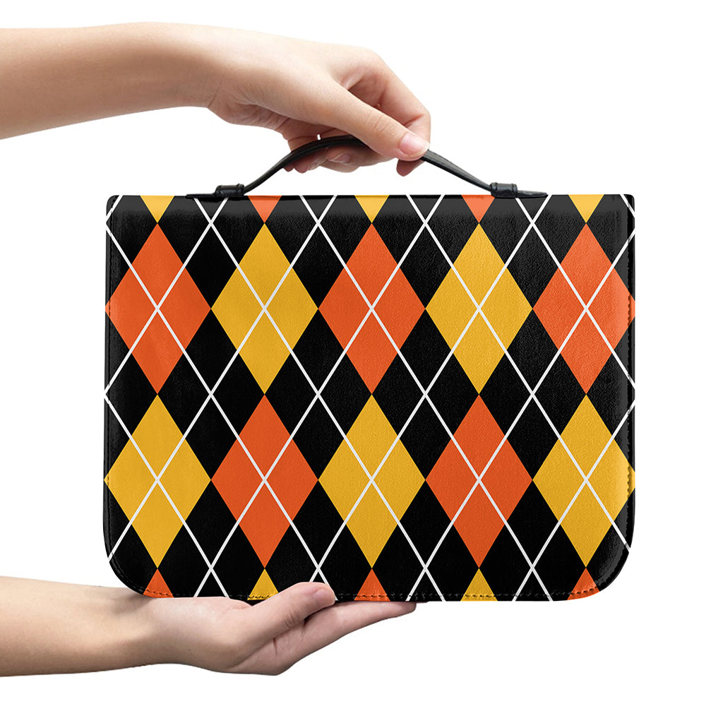 Halloween Black And Orange Argyle Print Leather Bible Cover