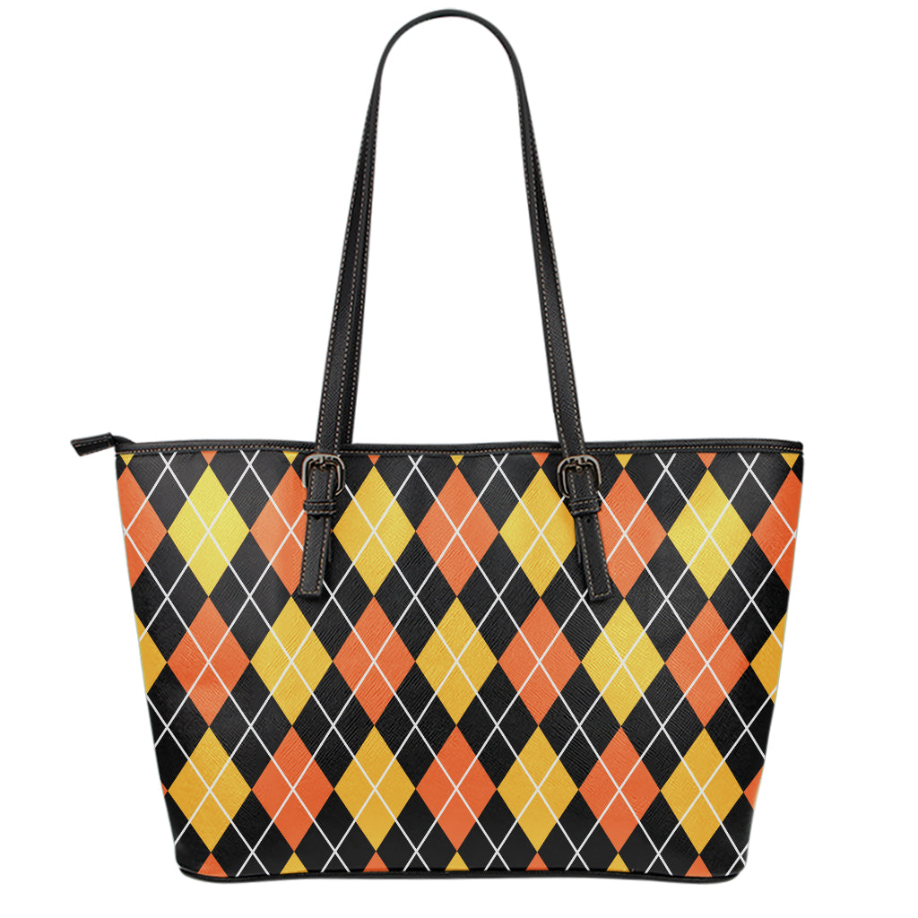 Halloween Black And Orange Argyle Print Leather Tote Bag