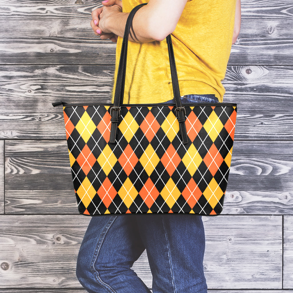 Halloween Black And Orange Argyle Print Leather Tote Bag