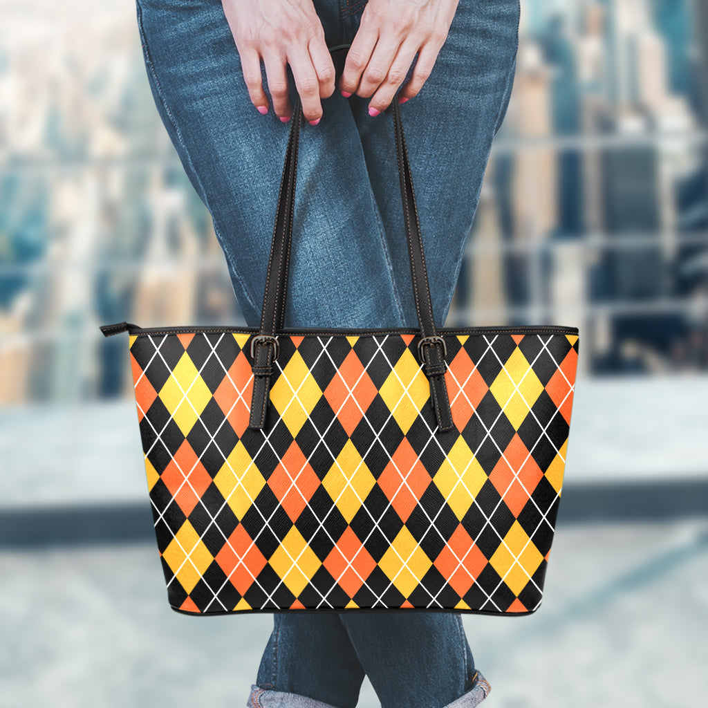 Halloween Black And Orange Argyle Print Leather Tote Bag