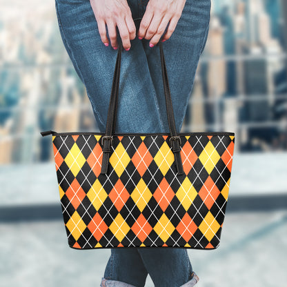 Halloween Black And Orange Argyle Print Leather Tote Bag