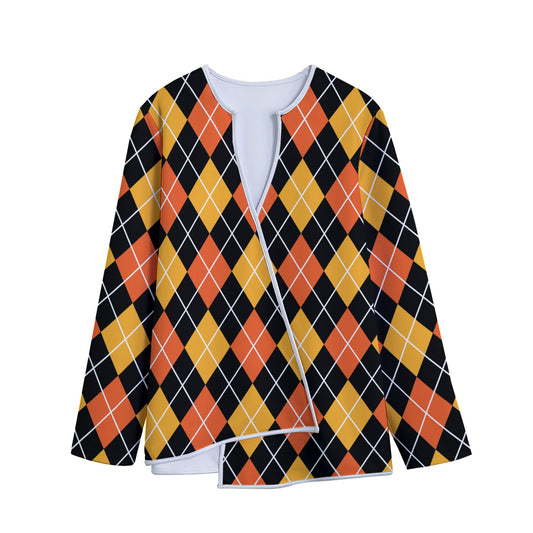 Halloween Black And Orange Argyle Print Long Sleeve Short Coat