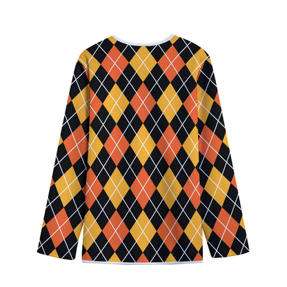 Halloween Black And Orange Argyle Print Long Sleeve Short Coat