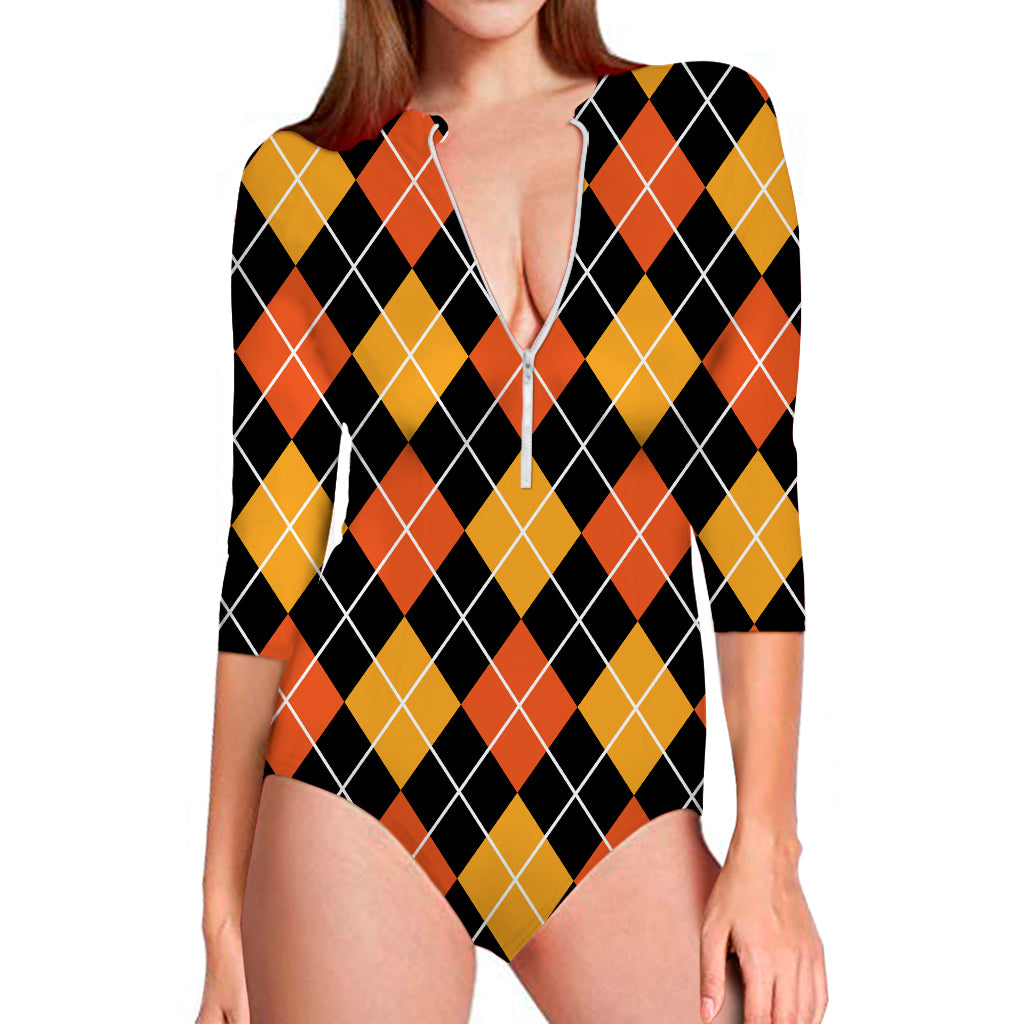 Halloween Black And Orange Argyle Print Long Sleeve Swimsuit