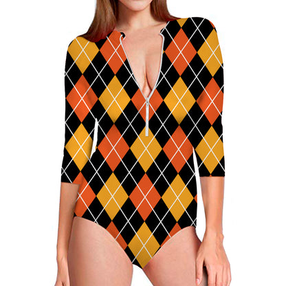Halloween Black And Orange Argyle Print Long Sleeve Swimsuit