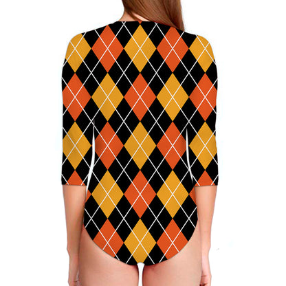 Halloween Black And Orange Argyle Print Long Sleeve Swimsuit