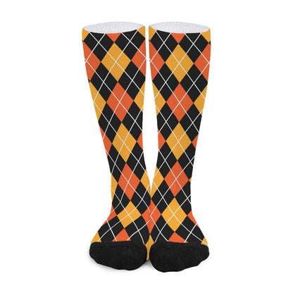 Halloween Black And Orange Argyle Print Long Socks