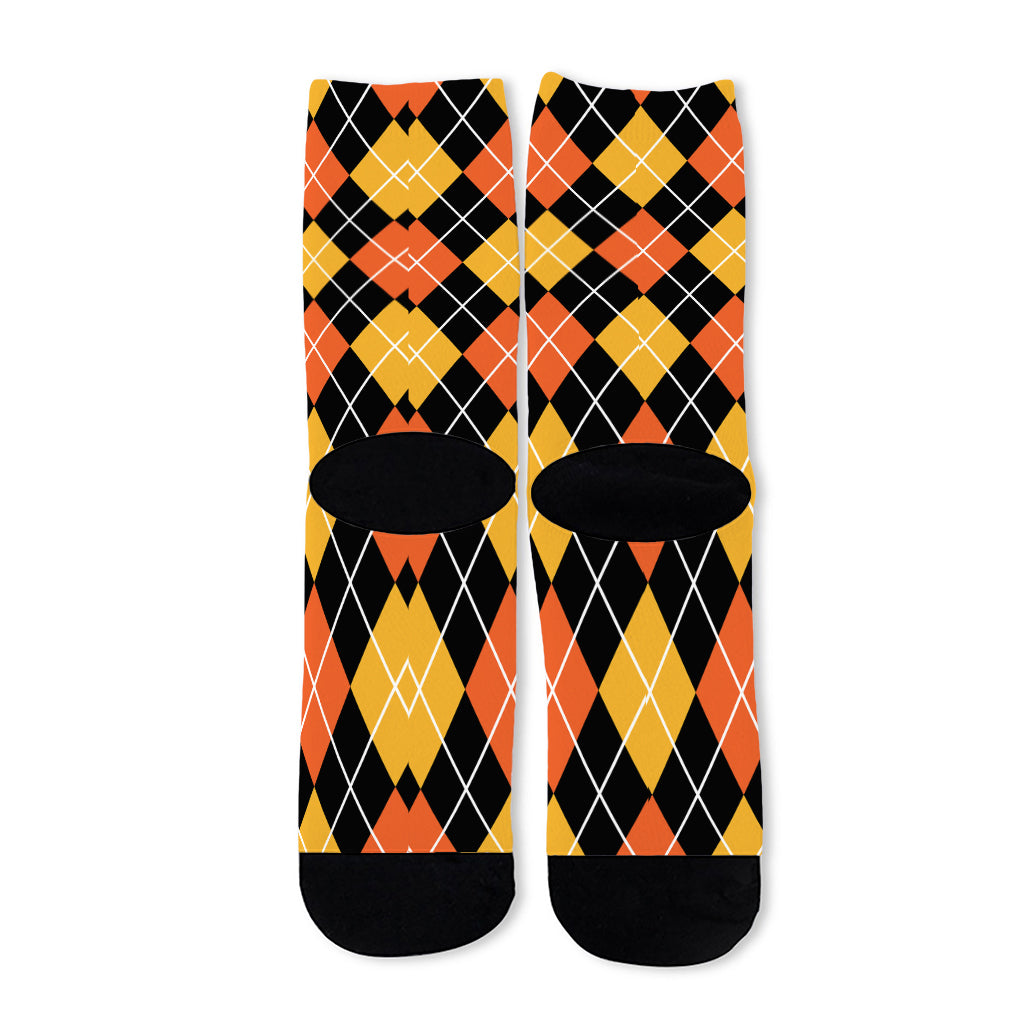 Halloween Black And Orange Argyle Print Long Socks