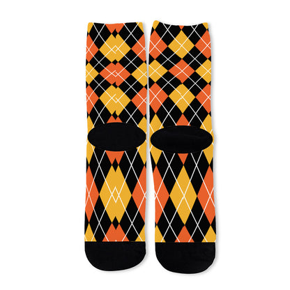 Halloween Black And Orange Argyle Print Long Socks