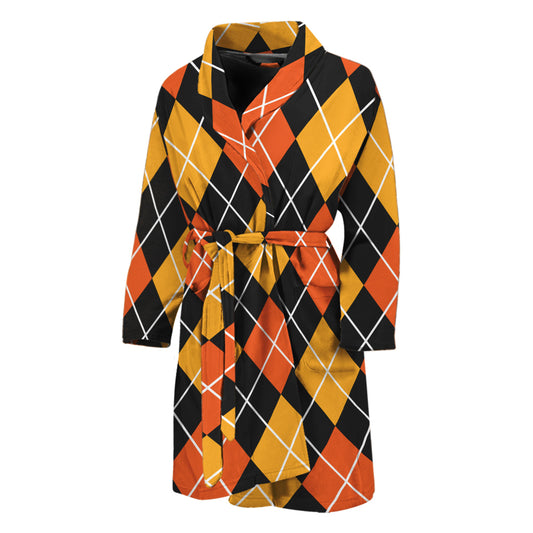Halloween Black And Orange Argyle Print Men's Bathrobe