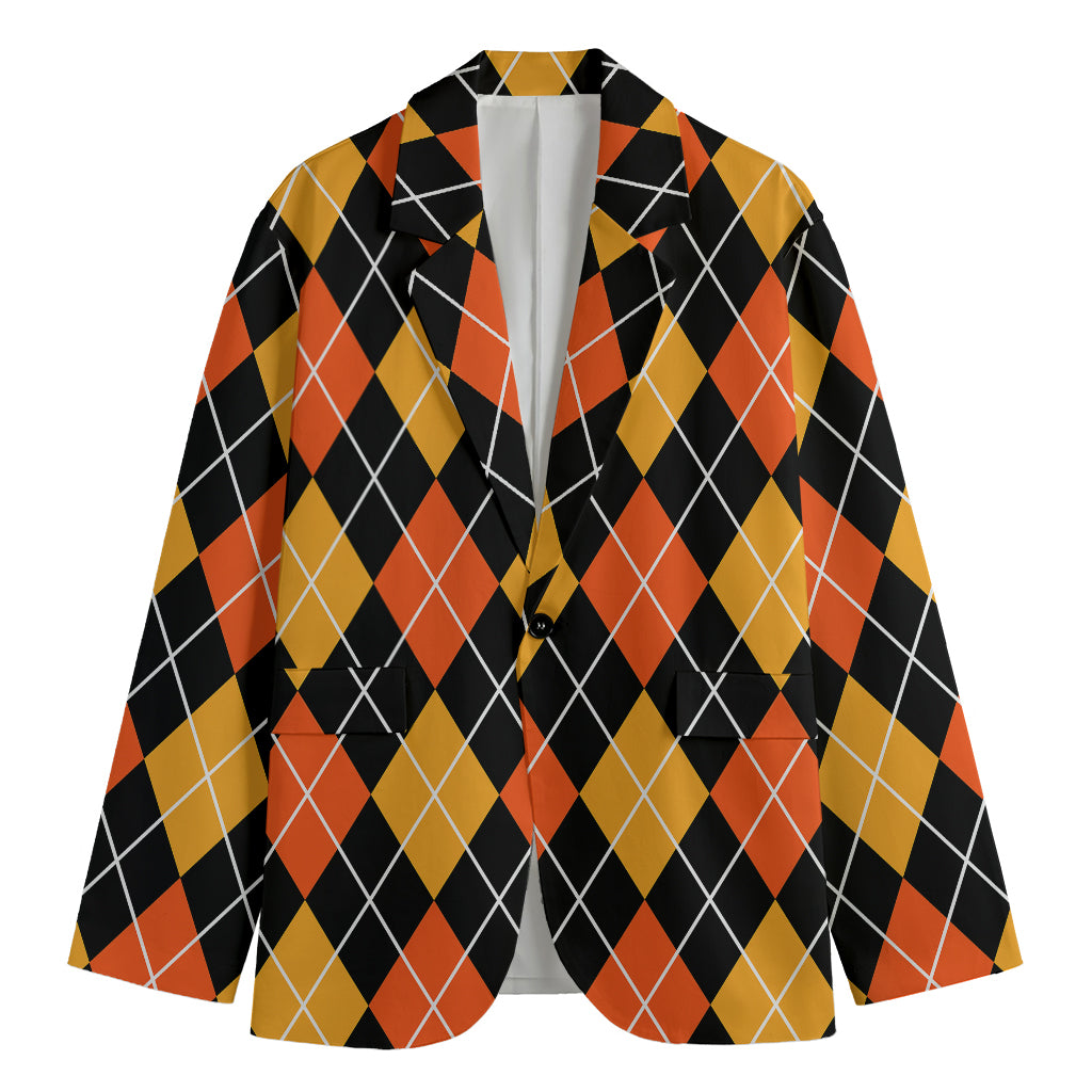 Halloween Black And Orange Argyle Print Men's Blazer