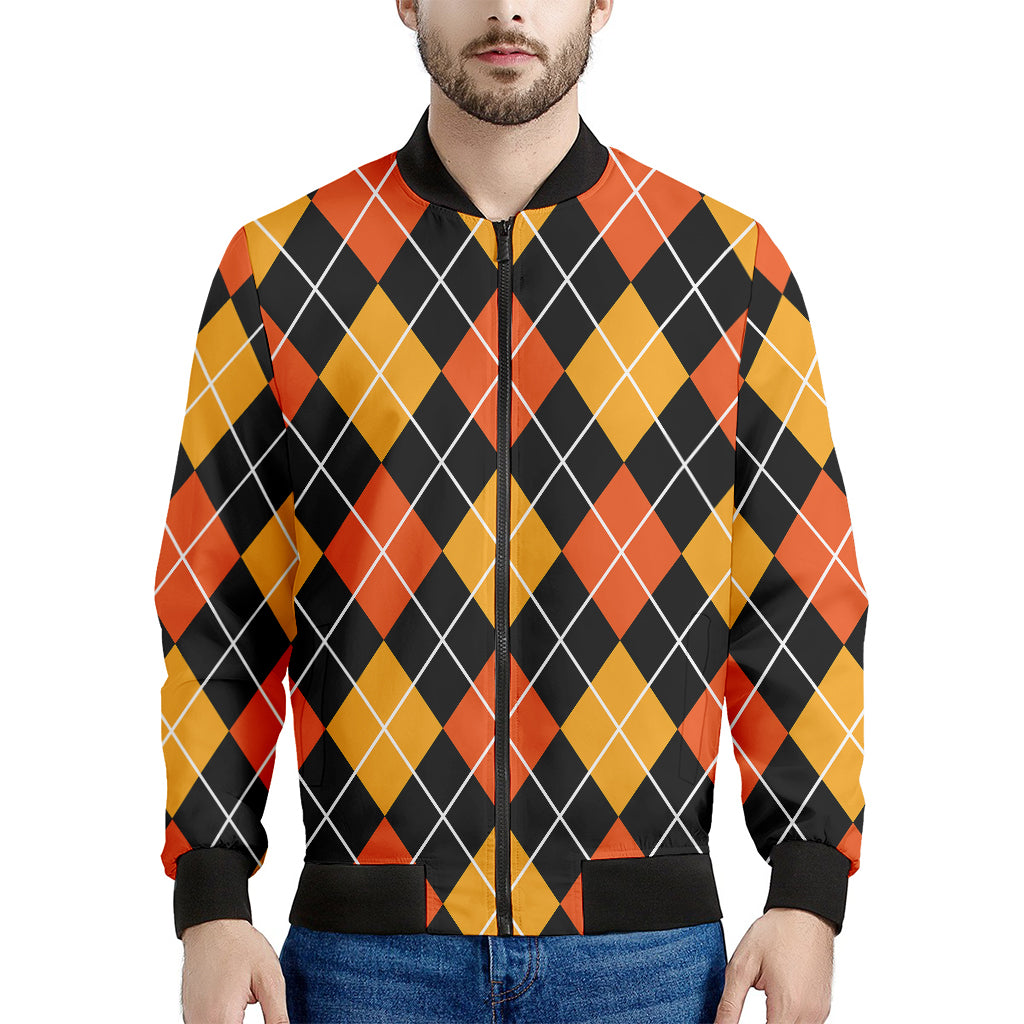 Halloween Black And Orange Argyle Print Men's Bomber Jacket
