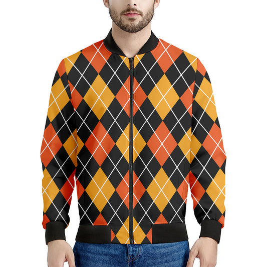 Halloween Black And Orange Argyle Print Men's Bomber Jacket