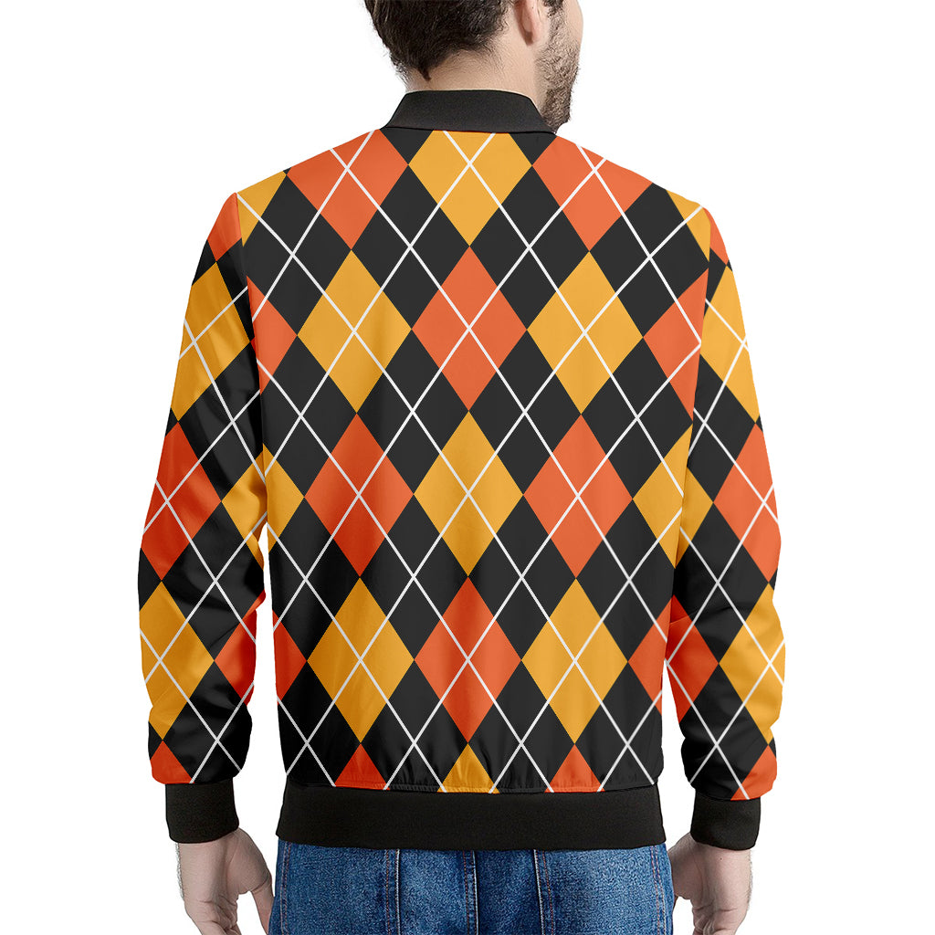 Halloween Black And Orange Argyle Print Men's Bomber Jacket