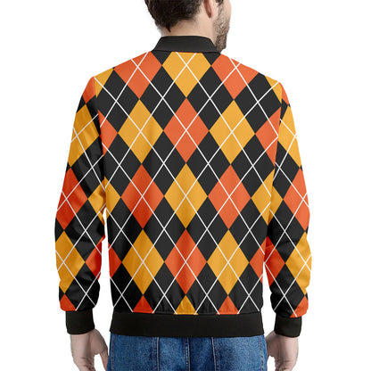 Halloween Black And Orange Argyle Print Men's Bomber Jacket