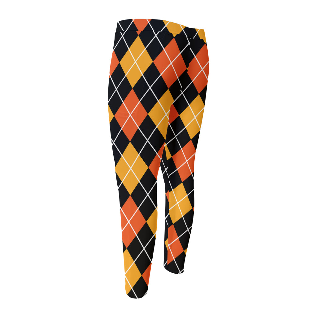 Halloween Black And Orange Argyle Print Men's Compression Pants