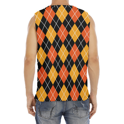 Halloween Black And Orange Argyle Print Men's Fitness Tank Top