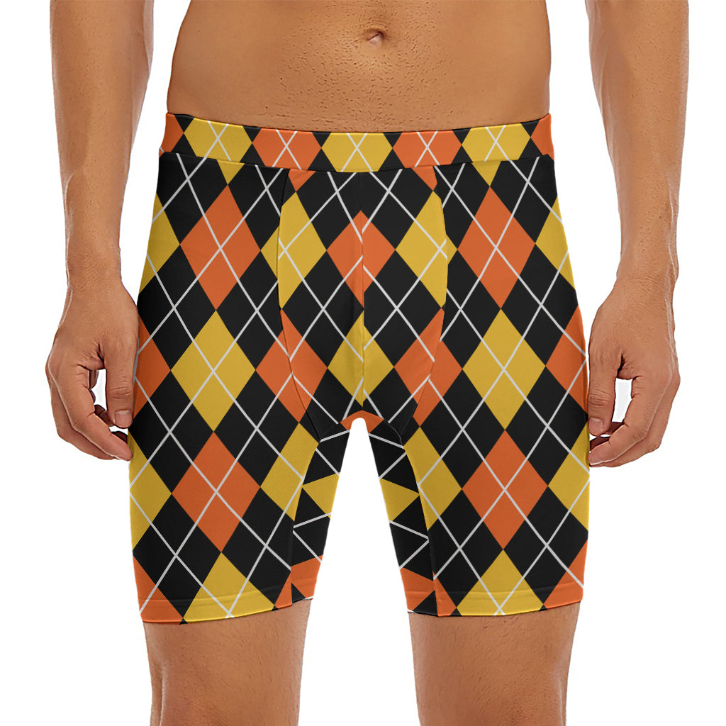 Halloween Black And Orange Argyle Print Men's Long Boxer Briefs