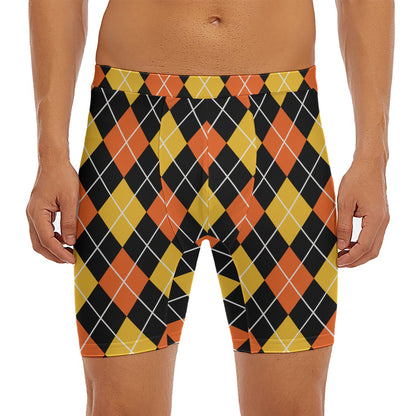 Halloween Black And Orange Argyle Print Men's Long Boxer Briefs