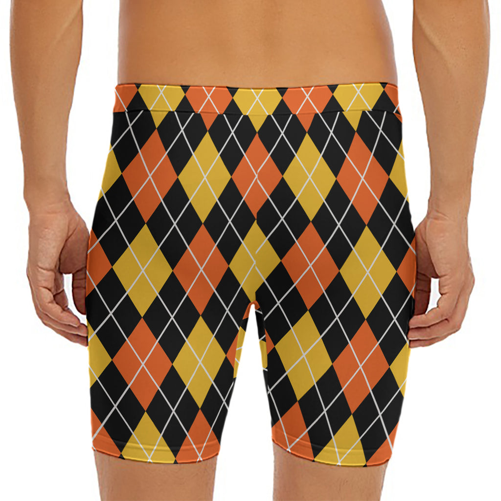 Halloween Black And Orange Argyle Print Men's Long Boxer Briefs