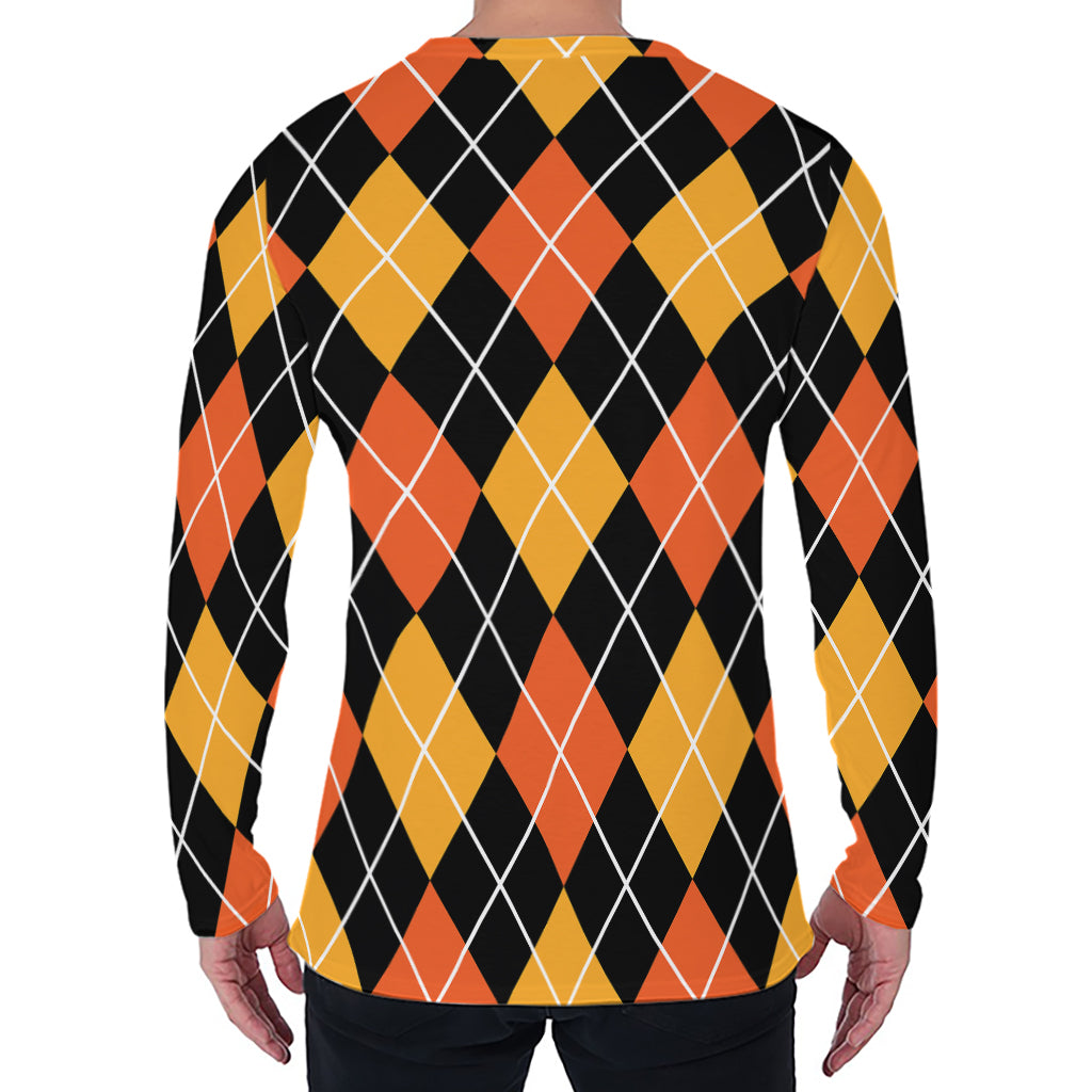 Halloween Black And Orange Argyle Print Men's Long Sleeve T-Shirt