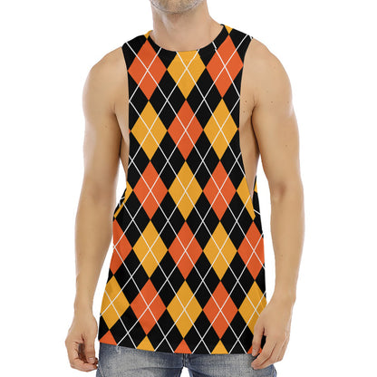 Halloween Black And Orange Argyle Print Men's Muscle Tank Top